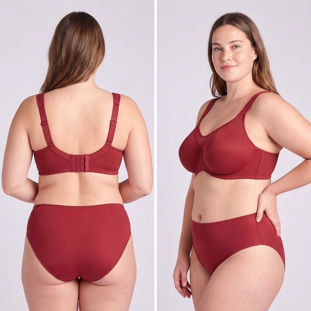 Lovelle Grace in wine red from behind and from the side, with matching briefs