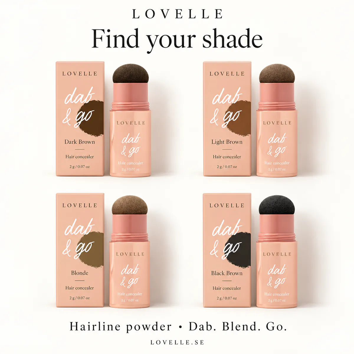 All four shades of Lovelle Dab & Go: Dark Brown, Light Brown, Blonde and Black Brown
