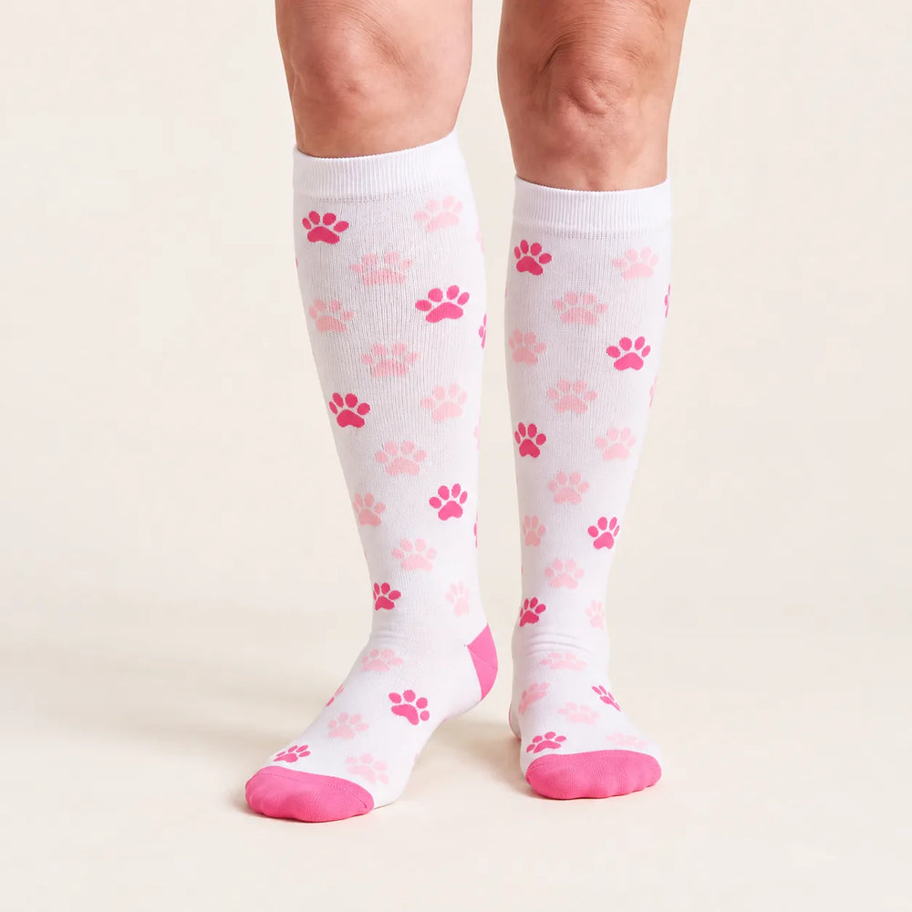 Lovelle Lift compression socks in Pink Paw – front view – knee-high with soft-knit cuff