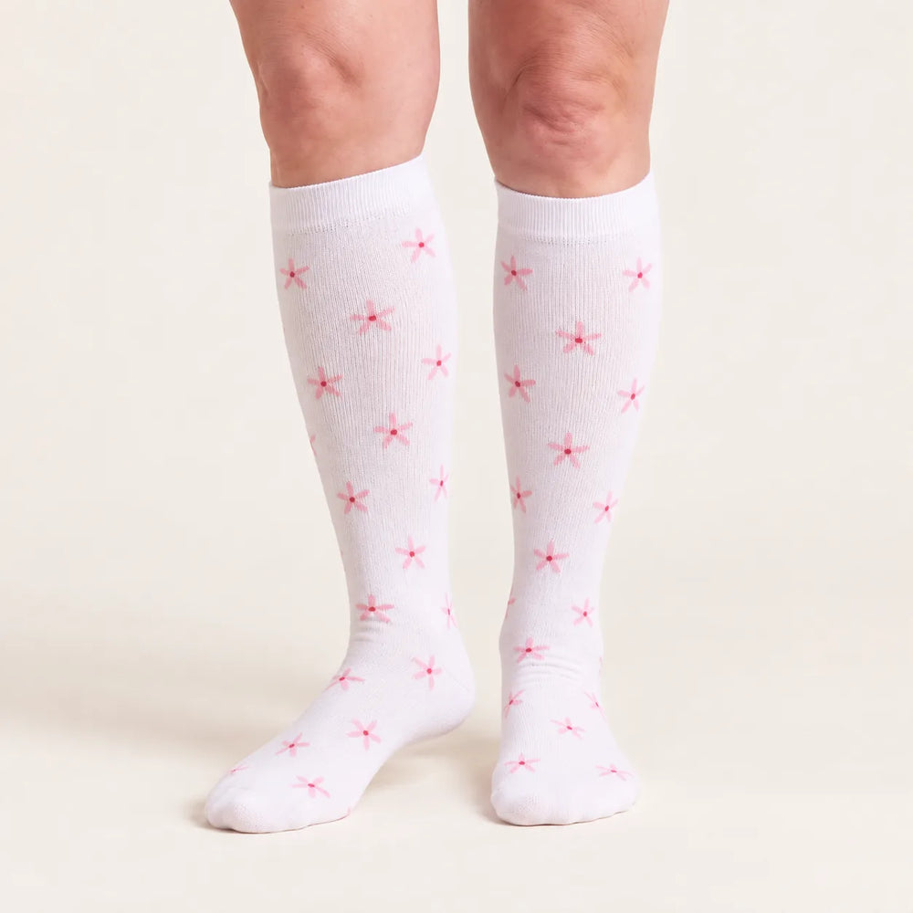 Lovelle Lift compression socks in Star Blossom – front view – knee-high with soft-knit cuff