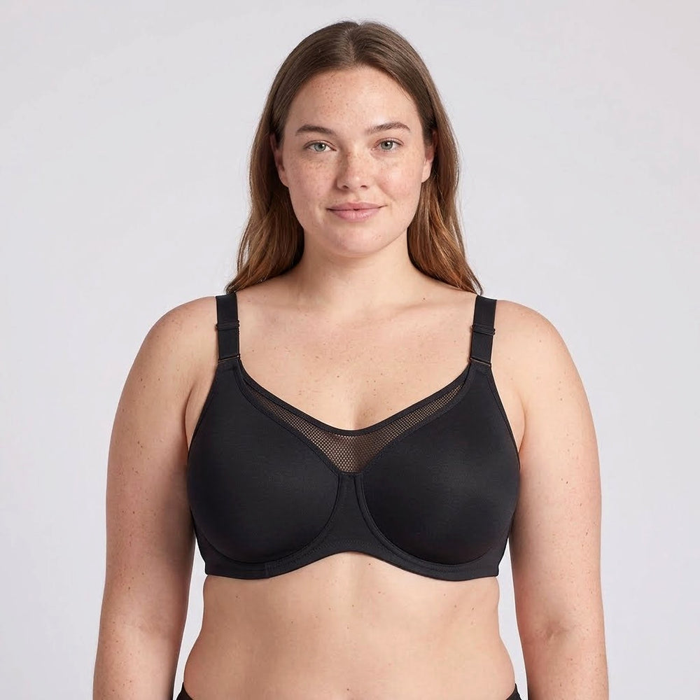 Lovelle Grace minimizer bra in black with a high mesh panel at the front, on a model