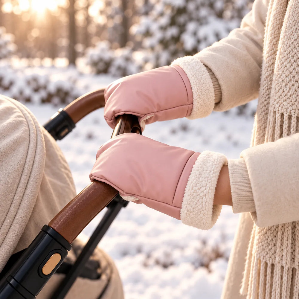 Lovelle Cosy kinderwagen handwarmers in roze met teddyrand aan de duwstang in de sneeuw