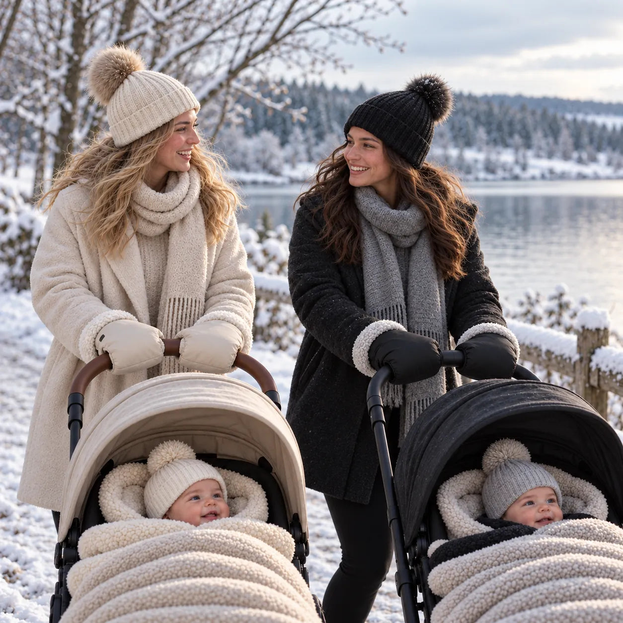Twee moeders lopen met elk een kinderwagen langs een besneeuwd meer – de een met beige, de ander met zwarte Lovelle Cosy kinderwagenwanten
