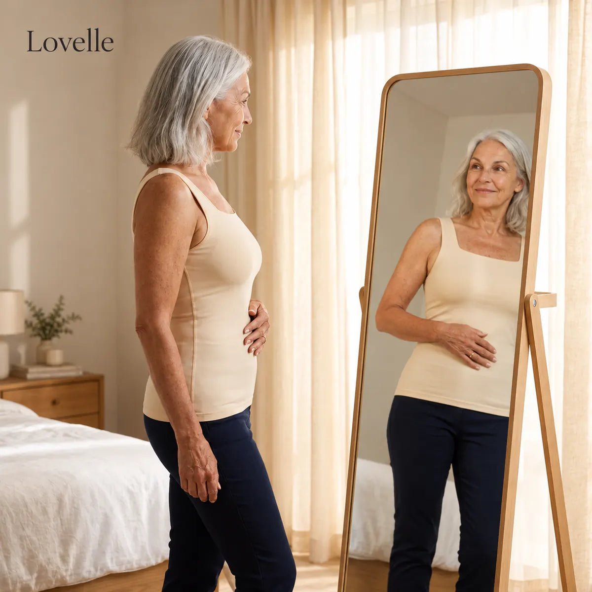 Silver-haired woman in the Lovelle Ease built-in bra tank in nude in front of a bedroom mirror