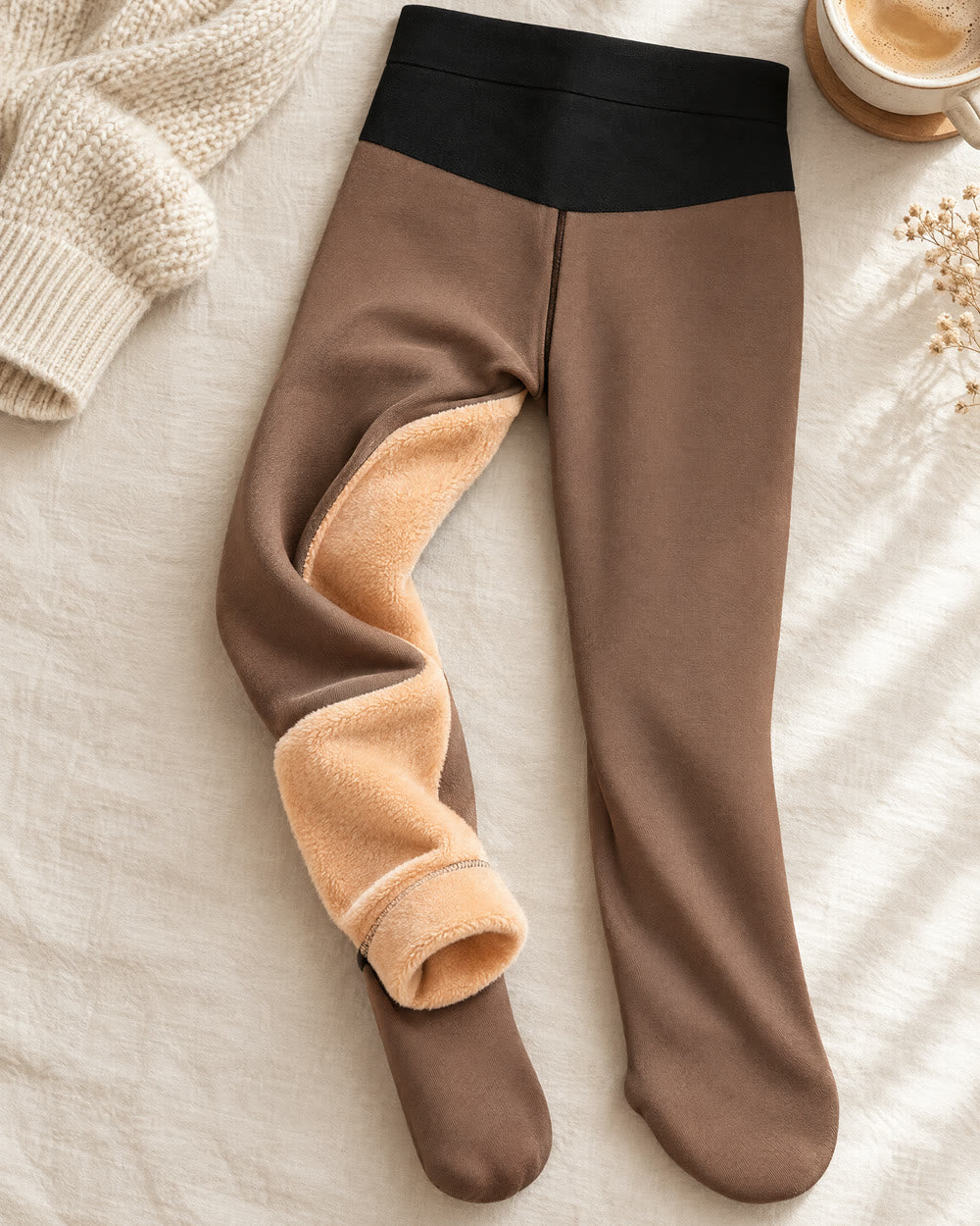 Lovelle Thermal met één been binnenstebuiten, zodat de zachte fleece te zien is