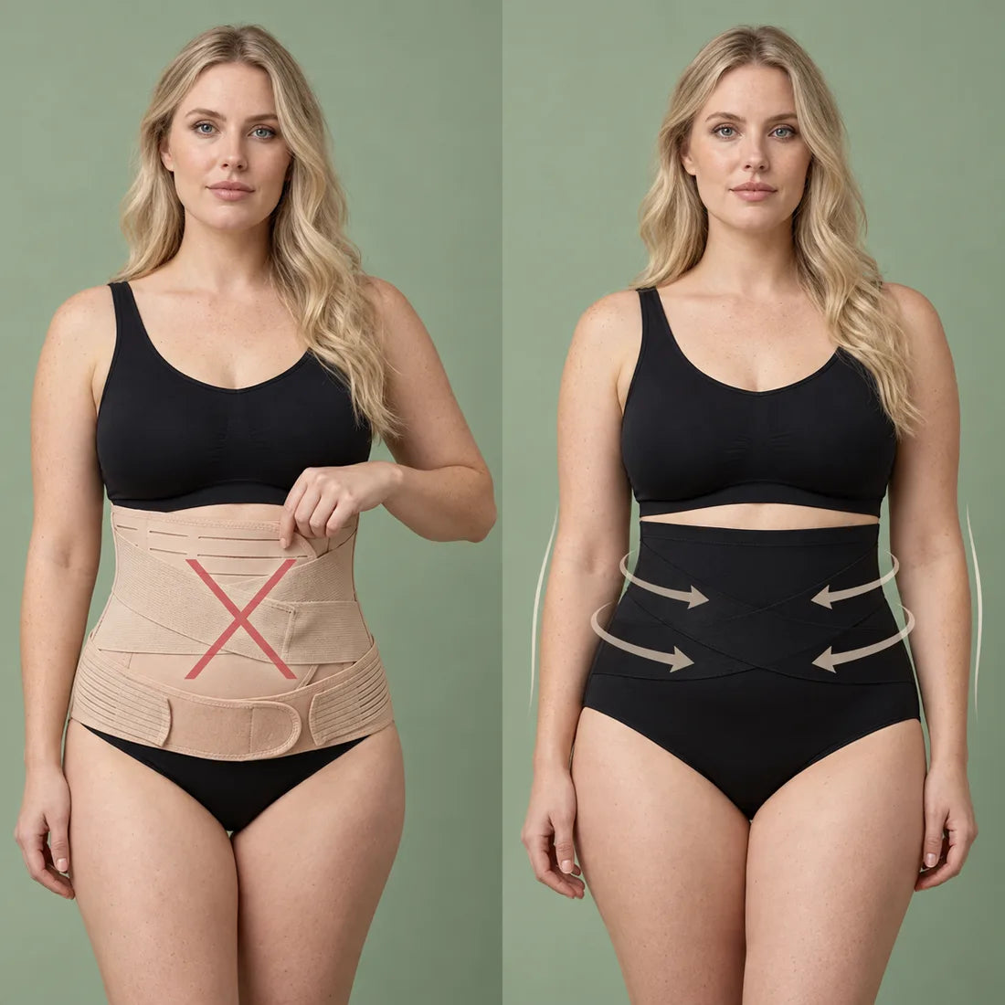 Left: a classic belly band that only presses from the front. Right: Lovelle 360° wrapping the whole tummy.